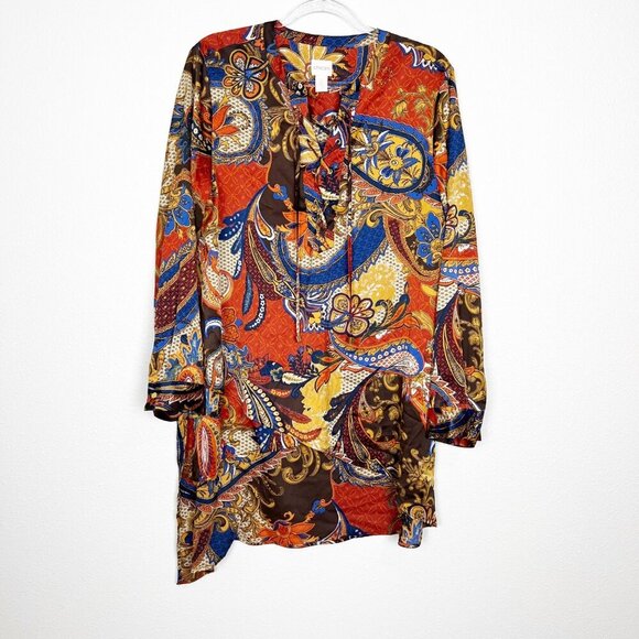 Chicos Silky Long Sleeve Printed Tunic Lace Up Asymmetrical Top Womens 2 Large - Picture 1 of 10